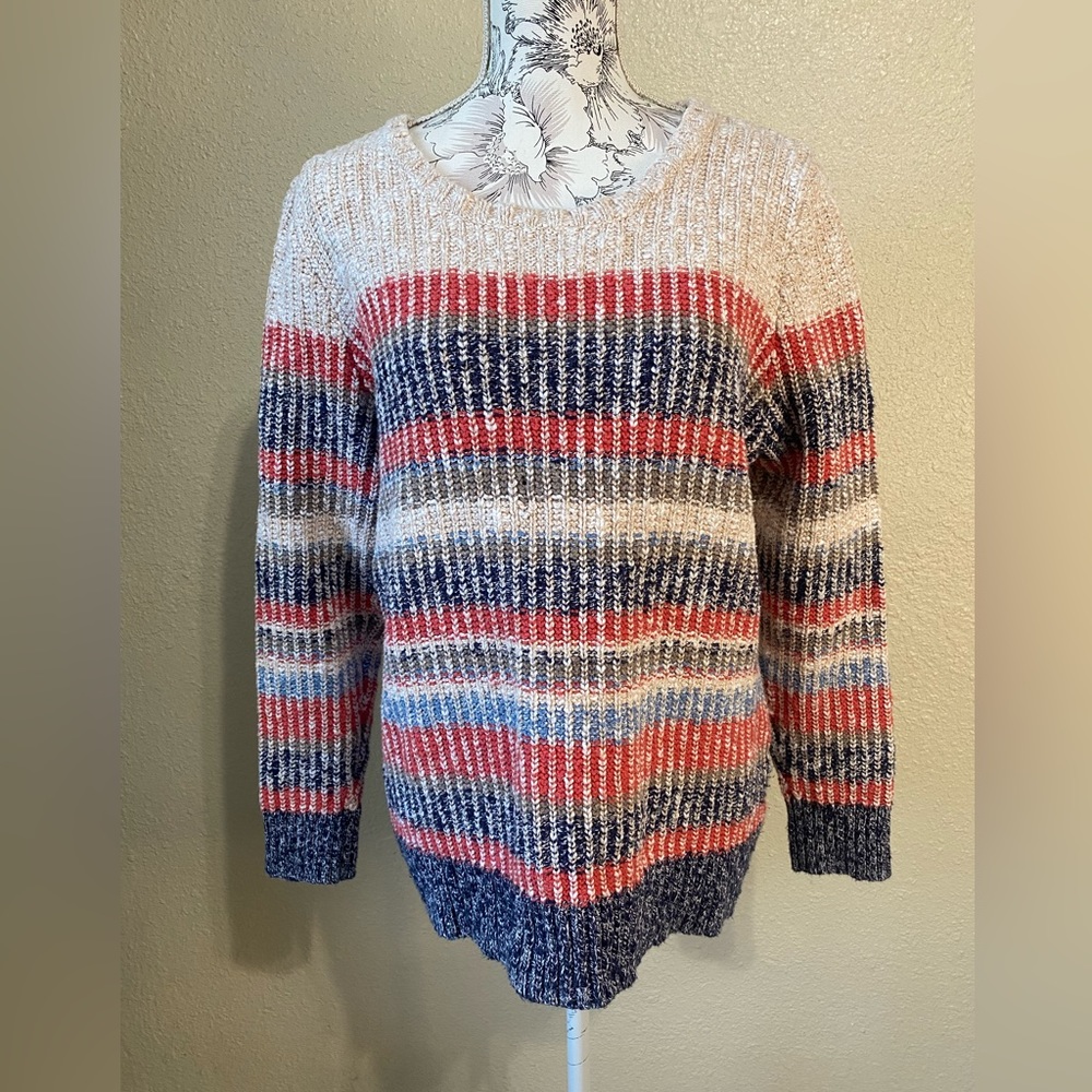 L.L Bean multi stripe marled neck pullover cotton ragg sweater